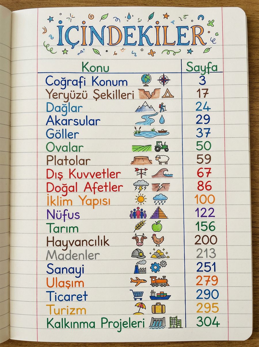 KPSS Coğrafya renkli notu örnek sayfası: İçindekiler