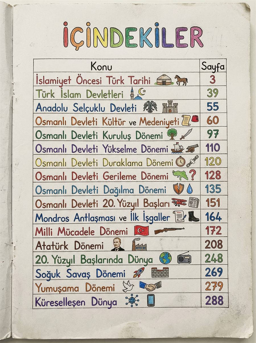 KPSS Tarih renkli notu örnek sayfası: İçindekiler