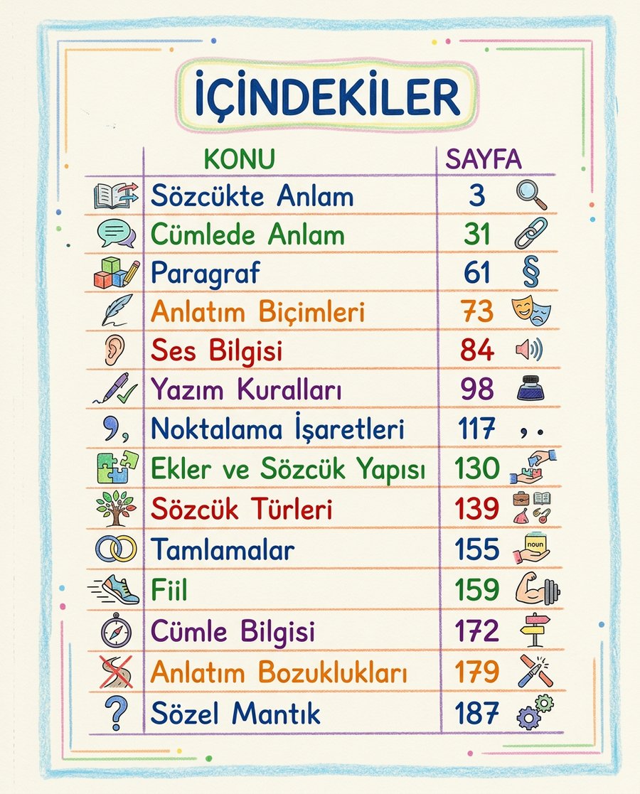 KPSS Türkçe renkli notu örnek sayfası: İçindekiler