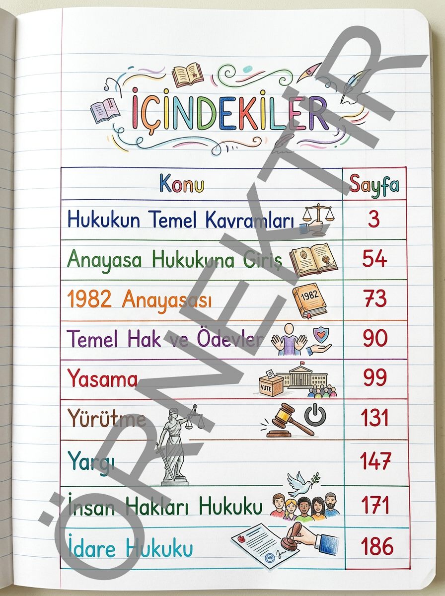 KPSS Vatandaşlık renkli notu örnek sayfası: İçindekiler